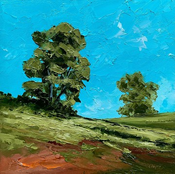 原始的綠色領域風景藍天油畫樹木紋理厚塗藝術