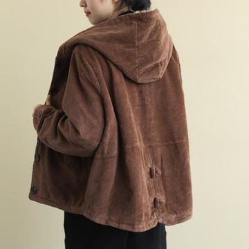 大碼女裝寬松文藝連帽短外套秋冬新款燈芯絨百搭休閑夾棉加厚上衣