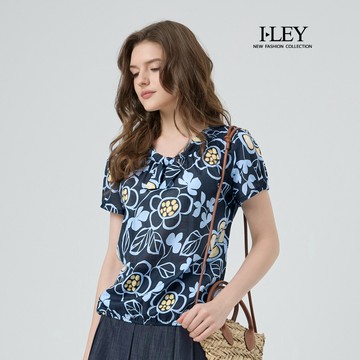 ILEY伊蕾 綁結造型印花純棉上衣(深藍；M-2L)