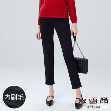 Myvega麥雪爾 MIT內刷毛蝴蝶結刺繡燙鑽鬆緊腰九分褲-黑