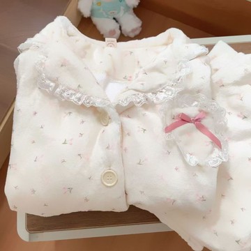 台灣出貨 秋冬德絨睡衣女 保暖睡衣兩件套 保暖家居服 德絨甜美花邊碎花睡衣女秋冬季新款加絨加厚保暖家居服套裝可外穿