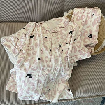 ins韓版可愛粉豹紋小黑貓夏季睡衣女新款短袖學生家居服套裝外穿女生睡衣居家睡衣睡衣套裝女生睡衣韓國居家服