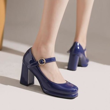 2022法式復古單鞋女方跟粗跟小高跟方頭中跟瑪麗珍鞋一字扣小皮鞋