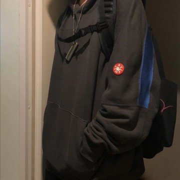 LIFE CAVEMPT 日系潮牌秋冬拼接織帶藍肋骨連帽衛衣情侶帽衫