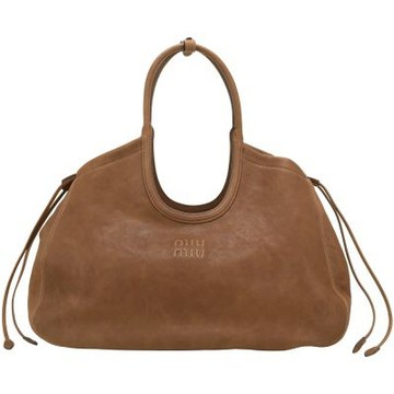 miu miu IVY 浮雕字母 納帕羊皮 抽繩手提 肩背托特包(橡樹棕 5BG342)
