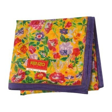 KENZO  黃底繁花紫邊圖騰字母LOGO帕領巾(46CM)