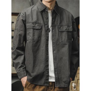 美式重磅水洗純棉長袖襯衫男秋季高級感休閑純色工裝襯衣夾克外套