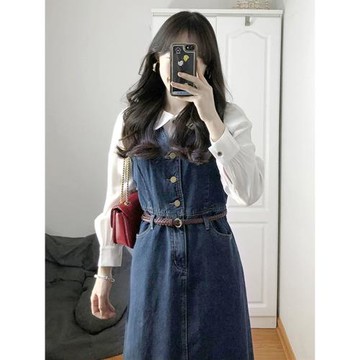 2025新款青色牛仔背心polo領連衣裙子女小眾設計顯瘦穿搭長裙秋冬