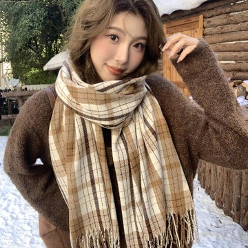 🔥2件9折🍊臺北出貨🍊可開發票秋冬仿羊絨韓系格子圍巾女學生日韓甜美圍脖保暖流蘇情侶加厚披肩