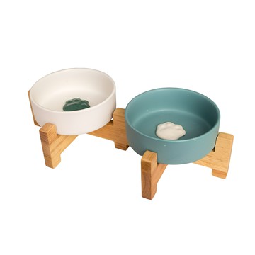 Catfeet 腳ㄚ雙碗組 天然實木製碗架 密胺材質碗 碗架墊高保護頸椎  藍色+白色  1組