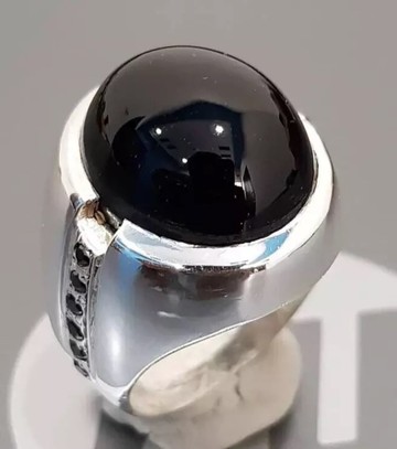 男士葉門Aqeeq戒指 頂級Shifat Al Abad Kabadi黑瑪瑙戒指 925純銀