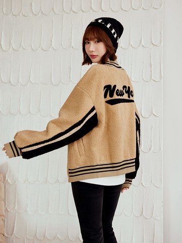 保暖羊羔毛撞色拼接休閒外套