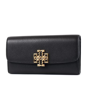 TORY BURCH BRITTEN 鏤空LOGO荔枝紋磁釦翻蓋長夾-黑色