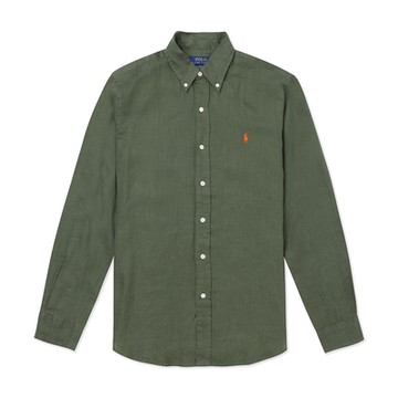 Polo Ralph Lauren RL 熱銷刺繡小馬亞麻長袖襯衫-墨綠色(CLASSIC FIT)
