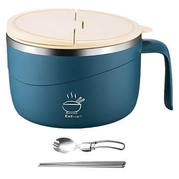 日式帶蓋304不鏽鋼大容量泡麵碗 附餐具 1.2L 藍色  1個