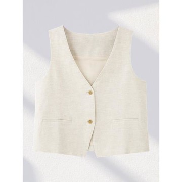 亞麻疊穿馬夾女無袖外套V領馬甲夏季坎肩外搭小背心洋氣時髦1102