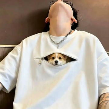 臺灣出貨+免運重磅純棉夏季美式潮流拉鍊柯基狗印花短袖T恤男女情侶寬鬆上衣