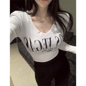 T恤長袖V領短款打底衫女高腰露臍女辣妹時尚百搭上衣春秋新款【倪醬】