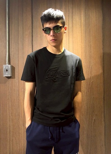 美國百分百【全新真品】Lacoste 鱷魚 T恤 T-SHIRT 網眼 短袖 上衣 圓領 浮雕logo 黑色 AH03