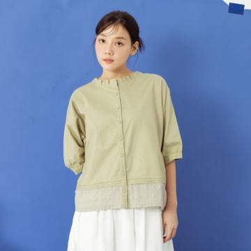 【MOSS CLUB】領台抓摺變化拼接蕾絲格布襯衫 白 綠