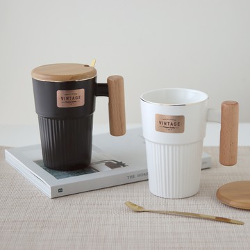 Just Home 復古黑白色系陶瓷木柄馬克杯315ml 2入組  顏色隨機  1組