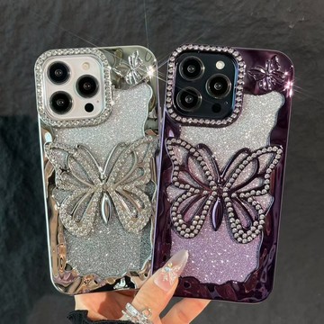 漸變閃粉蝴蝶適用於iPhone16電鍍手機殼15proMax透明全包蘋果14防摔軟硅膠13可愛個性12卡通11鑲鑽保護套