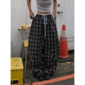 【SEMPLICITA】韓國 美式 格紋 雙腰頭 闊腿 彎刀褲 寬版 格紋長褲 男女皆可