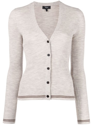 Theory - ribbed-knit striped-detail cardigan - women - Wool/Other fibres - P - Grey