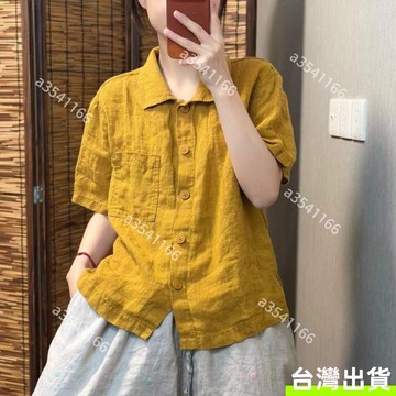 【文藝襯衫】復古棉麻襯衫女 夏季新款 純色短袖 翻領短袖襯衫 氣質減齡 文藝棉麻小衫 新中式棉麻短袖 大尺碼寬鬆休閒上衣