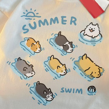 S~XL SUMMER 夏日游泳狗狗 純棉 短T 情侶T【Y0962】MIT 情侶裝 快速出貨 短袖T 班服 萌寵 長T
