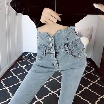 超高腰牛仔褲女春秋年新款韓版收腹顯瘦一排扣九分緊身小腳褲
