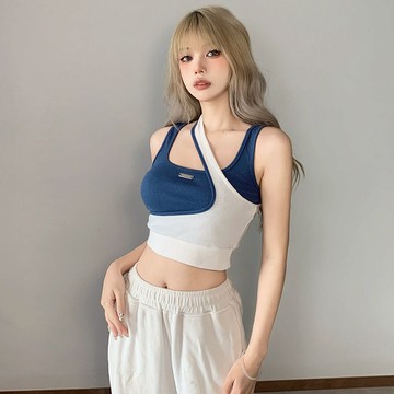 背心運動風撞色假兩件拼接不規則休閒女短款無袖上衣內搭外穿新款【倪醬】