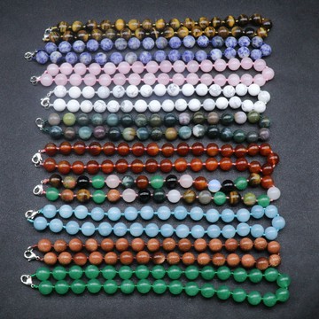KS--Natural stone necklace 水晶瑪瑙七彩石頭項鏈 12mm圓珠打結項鏈