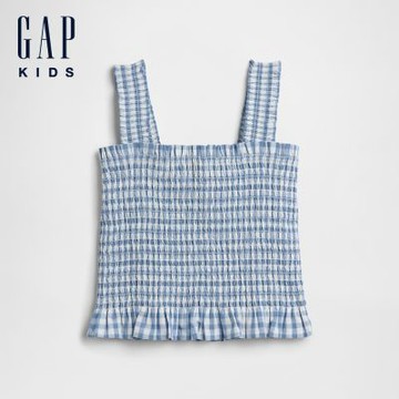 【GAP】兒童縮褶荷葉下擺上衣-深藍格紋(895784)