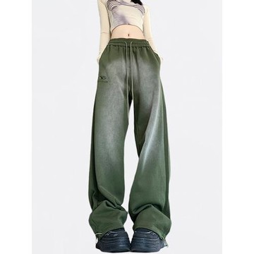 綠色運動褲女美式高街潮牌嘻哈直筒休閑褲漸變爵士舞寬松束腳衛褲