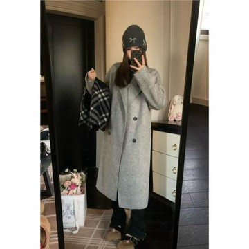 Halonini 冬季入場券 經典雙排扣灰色雙面尼全羊毛毛呢廓形大衣韓