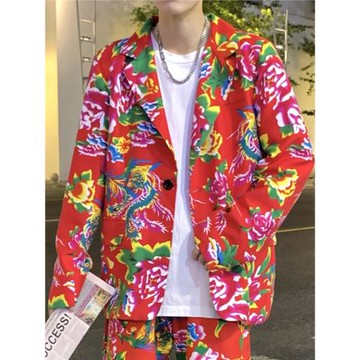 純棉西裝東北大花潮牌中國風印花男女演出服男紅色西服個性花紋潮
