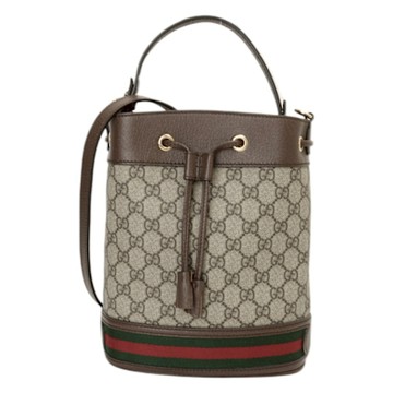 GUCCI Supreme Ophidia 綠紅織帶手提/斜背兩用水桶包(卡其)小款