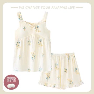 2025年性感吊帶睡衣女夏季背心短褲薄款夏天帶胸墊家居服兩件套裝