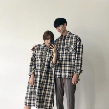 新款春秋季純棉翻領長袖格子女裙男衫不一樣的韓版休閑日常情侶裝