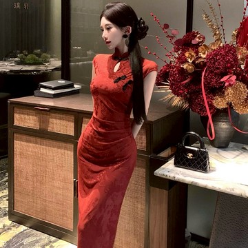 【隔日到】特價新款S-L 中式國風復古優雅緊身顯瘦短袖洋裝喜慶紅色年會中長禮服改良旗袍 度假聚會休閒生日派對尾牙裝扮