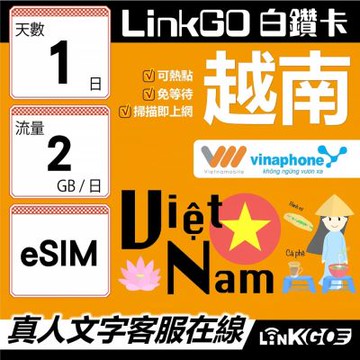 LinkGO白鑽卡 越南 eSIM卡 1天上網卡 每日2GB 雙電信 高速流量(越南網卡 下龍灣 峴港 胡志明市)