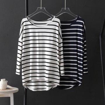 柔軟莫代爾寬松條紋長袖T恤女夏季柔軟垂墜感胖mm遮肉大碼上衣
