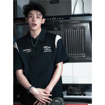 FOMK國潮牌美式拼色翻領POLO衫男復古短袖T恤夏季運動撞色寬松TEE