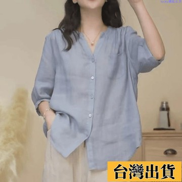 🌷新店優惠🌷女生上衣短袖襯衫女韓版襯衫夏季上衣大碼襯衫寬松大碼上衣夏季極簡風純色V領斜紋苧麻襯衫女五分中袖洋氣小衫