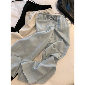KKSTUDIO天絲亞麻抽繩闊腿遛彎褲女夏季韓系輕薄寬松拖地休閑長褲