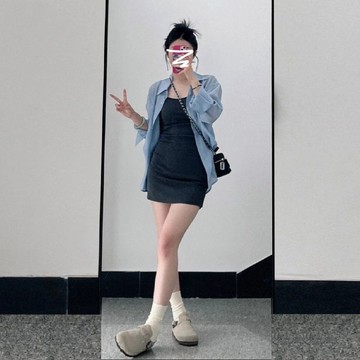 「小隻女」小個子韓係套裝 吊帶連衣裙 長袖防曬衫兩件套 小個子套裝 洋裝套裝 辣妹洋裝 短洋裝