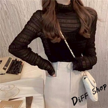 韓版氣質顯瘦半高領褶皺蕾絲網紗長袖上衣【W405】