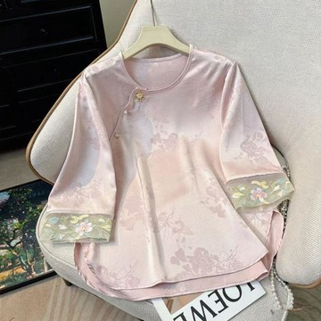 9156 人貼心收藏💝新中式雙面提花復古斜襟中國風女小衫2026春夏減齡百搭洋氣七分袖S3OJ