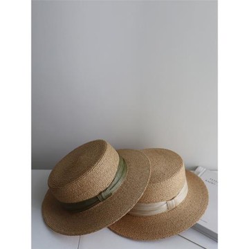 春夏拉菲草平頂草帽女真絲麻簡約輕奢平檐禮帽草編遮陽帽防曬帽夏